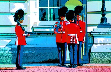 LONDON - ENGLAND JUNE 02: Queen's Guard Tower of London on June 02 2012. The Queen's Guard is the contingents of infantry and cavalry soldiers sign illustration pop-art background icon with color