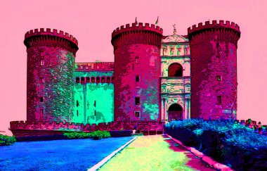 NAPLES ITALY 06 22 2003: Maschio Angioino or New Castle sign illustration pop-art background icon with color spots