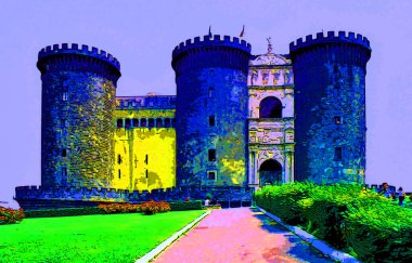 NAPLES ITALY 06 22 2003: Maschio Angioino or New Castle sign illustration pop-art background icon with color spots