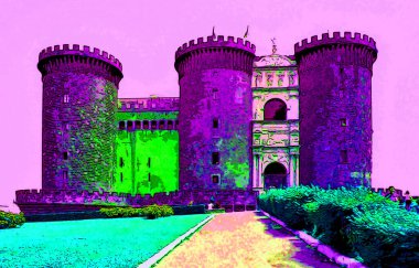 NAPLES ITALY 06 22 2003: Maschio Angioino or New Castle sign illustration pop-art background icon with color spots
