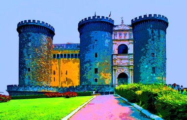 NAPLES ITALY 06 22 2003: Maschio Angioino or New Castle sign illustration pop-art background icon with color spots