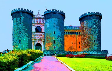 NAPLES ITALY 06 22 2003: Maschio Angioino or New Castle sign illustration pop-art background icon with color spots