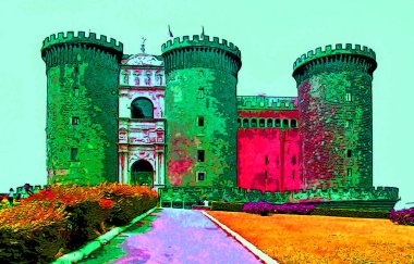 NAPLES ITALY 06 22 2003: Maschio Angioino or New Castle sign illustration pop-art background icon with color spots