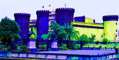 NAPLES ITALY 06 22 2003: Maschio Angioino or New Castle sign illustration pop-art background icon with color spots
