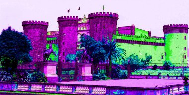 NAPLES ITALY 06 22 2003: Maschio Angioino or New Castle sign illustration pop-art background icon with color spots