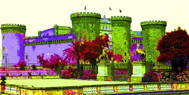 NAPLES ITALY 06 22 2003: Maschio Angioino or New Castle sign illustration pop-art background icon with color spots
