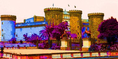 NAPLES ITALY 06 22 2003: Maschio Angioino or New Castle sign illustration pop-art background icon with color spots