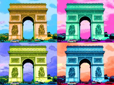 PARIS, FRANCE OKTOBER 17 2013: The Arc de Triomphe de l 'Etoile' Triumphal Arch of the Star 'işareti renkli pop-art arkaplan simgesi
