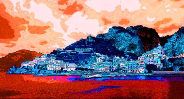 AMALFI Kıyı İTALYA - 05 25 2003: Amalfi Sahili Güney İtalya 'da Tyrhenian Denizi' ne bakan bir kıyı şerididir ve Salerno Körfezi resim çizimi renkli pop-art arka plan ikonu