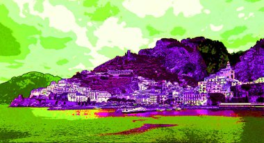 AMALFI Kıyı İTALYA - 05 25 2003: Amalfi Sahili Güney İtalya 'da Tyrhenian Denizi' ne bakan bir kıyı şerididir ve Salerno Körfezi resim çizimi renkli pop-art arka plan ikonu