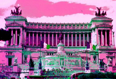 ROME ITALY 05 12 2003: Altar of the Fatherland, Altare della Patria. National monument Vitorio Emmanuel II on Plaza Venezia sign illustration pop-art background icon with color spots