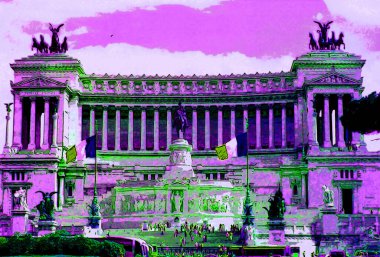 ROME ITALY 05 12 2003: Altar of the Fatherland, Altare della Patria. National monument Vitorio Emmanuel II on Plaza Venezia sign illustration pop-art background icon with color spots