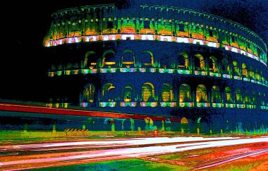 ROME ITALY O5 22 2003: Geceleri Colosseum İtalya 'nın başkenti Roma' da bulunan oval bir amfitiyatrodur.