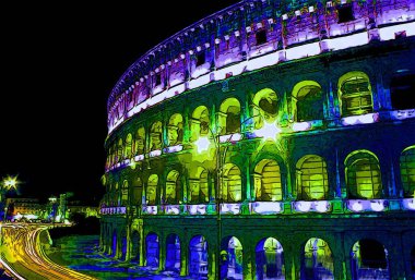 ROME ITALY O5 22 2003: Geceleri Colosseum İtalya 'nın başkenti Roma' da bulunan oval bir amfitiyatrodur.