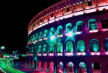 ROME ITALY O5 22 2003: Geceleri Colosseum İtalya 'nın başkenti Roma' da bulunan oval bir amfitiyatrodur.