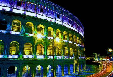 ROME ITALY O5 22 2003: Geceleri Colosseum İtalya 'nın başkenti Roma' da bulunan oval bir amfitiyatrodur.