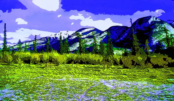 Mountains Landscape Illustration Pop Art Background Color Spots — стоковое фото