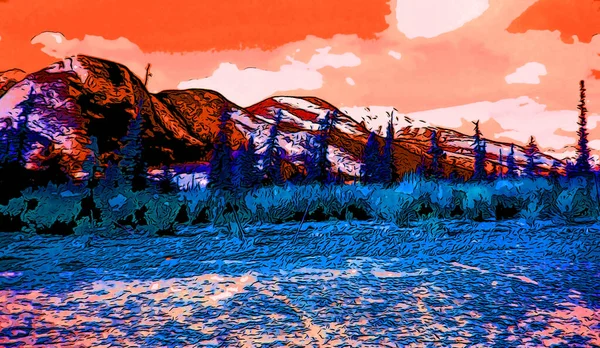 Dağlar Manzara Çizimi Renk Benekleri Ile Pop Art Arka Plan — Stok fotoğraf