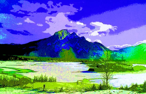 Mountains Landscape Illustration Pop Art Background Color Spots — стоковое фото