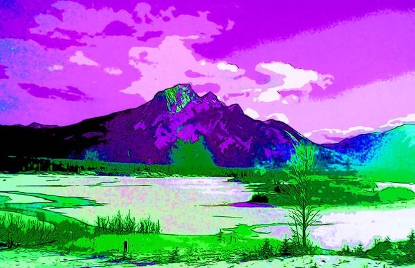 Mountains Landscape Illustration Pop Art Background Color Spots — Stock Photo, Image