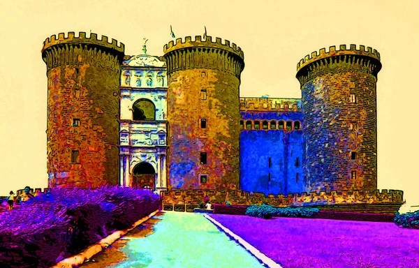 NAPLES ITALY 06 22 2003: Maschio Angioino or New Castle sign illustration pop-art background icon with color spots