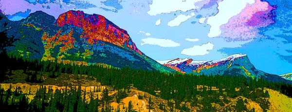 Montañas Rocosas Signo Paisaje Ilustración Pop Art Icono Fondo Con —  Fotos de Stock