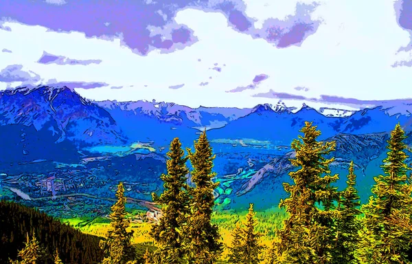 洛基山脉景观标志图上有彩斑的流行艺术背景图标 — 图库照片
