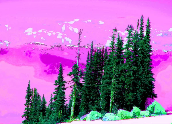 Trees Mountains Illustration Pop Art Background — ストック写真