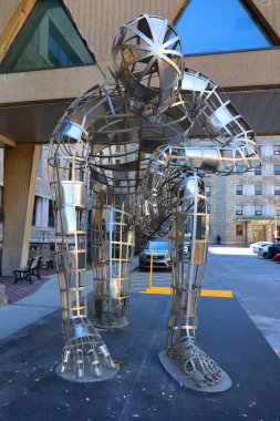 MONTREAL CANADA 04 06 2022: L'Imploreur, Mathieu Isabelle Hopital Hotel-Dieu hospital. The sculpture, created by young artist Mathieu Isabelle, is a gift from the Guzzo Cinemas at the CHUM. For the donor Vincent Guzzo