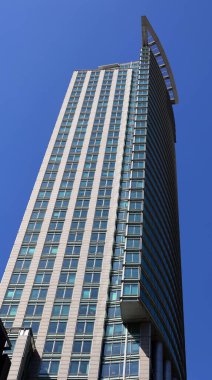 bottom view shot of skyscrapers on street of Montreal, Canada