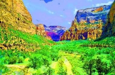 Zion Canyon Ulusal Parkı 'nda yardım. Utah. ABD. Pop Art retro tabela resimleme arkaplan simgesi renk benekleri