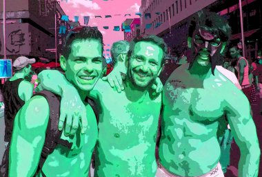 MONTREAL QUEBEC CANADA 08 16 2008: genç eşcinsel erkekler. Pop Art retro tabela resimleme arkaplan simgesi renk benekleri