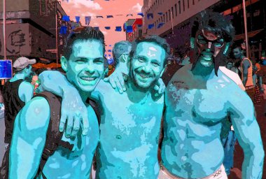 MONTREAL QUEBEC CANADA 08 16 2008: genç eşcinsel erkekler. Pop Art retro tabela resimleme arkaplan simgesi renk benekleri