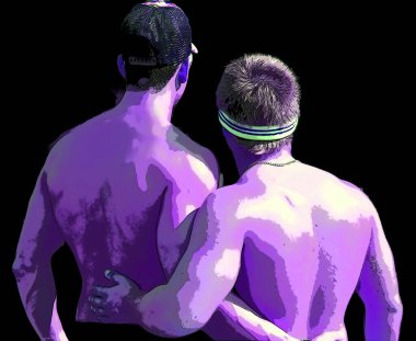 MONTREAL QUEBEC CANADA 08 16 2008: Young gay men. Pop art retro sign illustration background icon with color spots