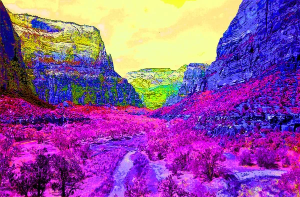 Reliefs of Zion canyon National Park. Utah. USA. Pop art retro sign illustration background icon with color spots
