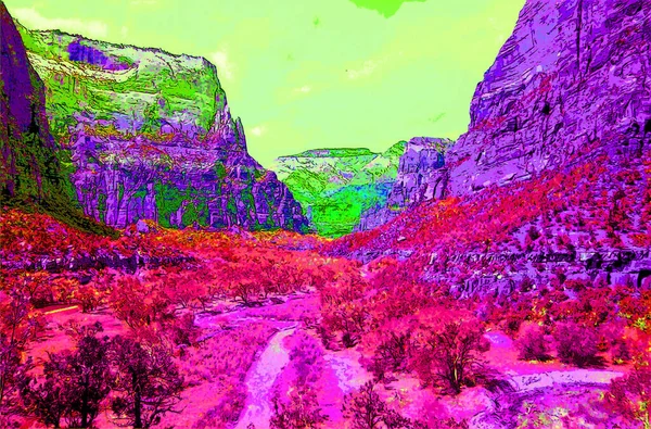 Reliefs of Zion canyon National Park. Utah. USA. Pop art retro sign illustration background icon with color spots