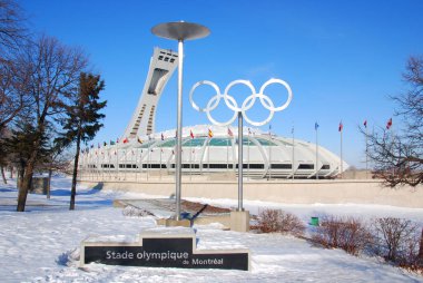 MONTREAL CANADA 05 12 2020 : Montreal Olympic rings cauldron. It's the tallest inclined tower in the world.Tour Olympique stands 175 meters tall and at a 45-degree angle