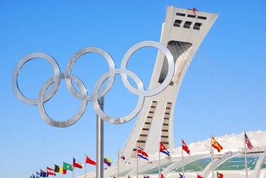 MONTREAL CANADA 05 12 2020 : Montreal Olympic rings cauldron. It's the tallest inclined tower in the world.Tour Olympique stands 175 meters tall and at a 45-degree angle