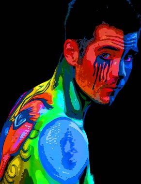 MONTREAL, QUEBEC, CANADA - AUGUST 15 2010: Men participating at the street body painting during the gay pride week sign illustration pop-art background icon with color spots