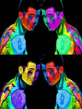 MONTREAL, QUEBEC, CANADA - 15 Ağustos 2010: Eşcinseller Gurur Haftası 'nda sokak tablosuna katılan erkekler renk lekeli pop-art arka plan ikonu