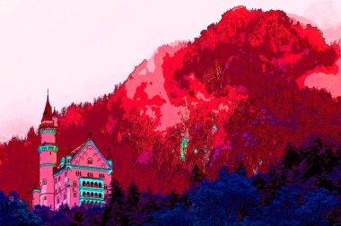 HOHENSCHWANGAU GERMANY 06: 16 2011: Neuschwanstein Şatosu Tarihçi Sarayı, Almanya 'nın güneybatısındaki Fssen yakınlarındaki Hohenschwangau köyünün üzerindeki engebeli bir tepe üzerindedir. imza illüstrasyon pop-art