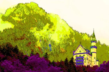 HOHENSCHWANGAU GERMANY 06: 16 2011: Neuschwanstein Şatosu Tarihçi Sarayı, Almanya 'nın güneybatısındaki Fssen yakınlarındaki Hohenschwangau köyünün üzerindeki engebeli bir tepe üzerindedir. imza illüstrasyon pop-art