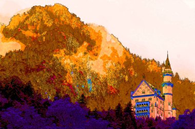 HOHENSCHWANGAU GERMANY 06: 16 2011: Neuschwanstein Şatosu Tarihçi Sarayı, Almanya 'nın güneybatısındaki Fssen yakınlarındaki Hohenschwangau köyünün üzerindeki engebeli bir tepe üzerindedir. imza illüstrasyon pop-art
