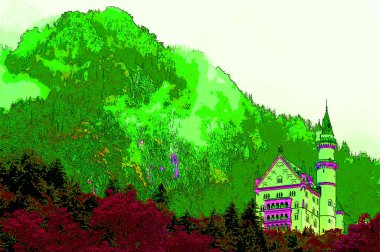 HOHENSCHWANGAU GERMANY 06: 16 2011: Neuschwanstein Şatosu Tarihçi Sarayı, Almanya 'nın güneybatısındaki Fssen yakınlarındaki Hohenschwangau köyünün üzerindeki engebeli bir tepe üzerindedir. imza illüstrasyon pop-art