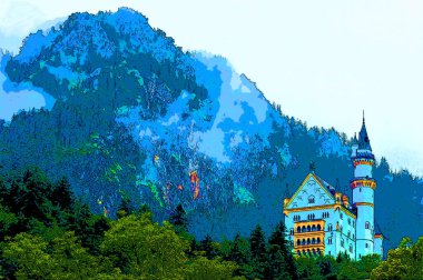 HOHENSCHWANGAU GERMANY 06: 16 2011: Neuschwanstein Şatosu Tarihçi Sarayı, Almanya 'nın güneybatısındaki Fssen yakınlarındaki Hohenschwangau köyünün üzerindeki engebeli bir tepe üzerindedir. imza illüstrasyon pop-art