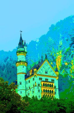 HOHENSCHWANGAU GERMANY 06: 16 2011: Neuschwanstein Şatosu Tarihçi Sarayı, Almanya 'nın güneybatısındaki Fssen yakınlarındaki Hohenschwangau köyünün üzerindeki engebeli bir tepe üzerindedir. imza illüstrasyon pop-art