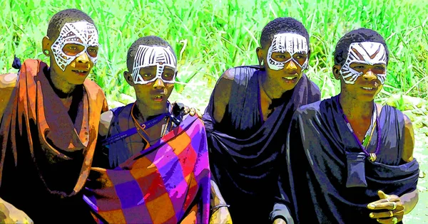 Serengeti Tanzania 2011 Young Masai Men Moran Wear Black Markings — Φωτογραφία Αρχείου