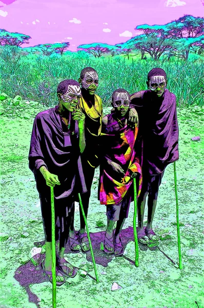 Serengeti Tanzania 2011 Young Masai Men Moran Wear Black Markings — Foto Stock