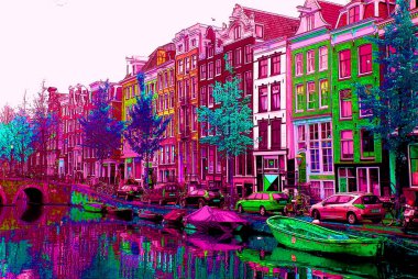 AMSTERDAM NETHERLANDS OCTOBER 03 2015: Typical canal Houses sign pop art illustration background icon with color spots