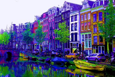 AMSTERDAM NETHERLANDS OCTOBER 03 2015: Typical canal Houses sign pop art illustration background icon with color spots